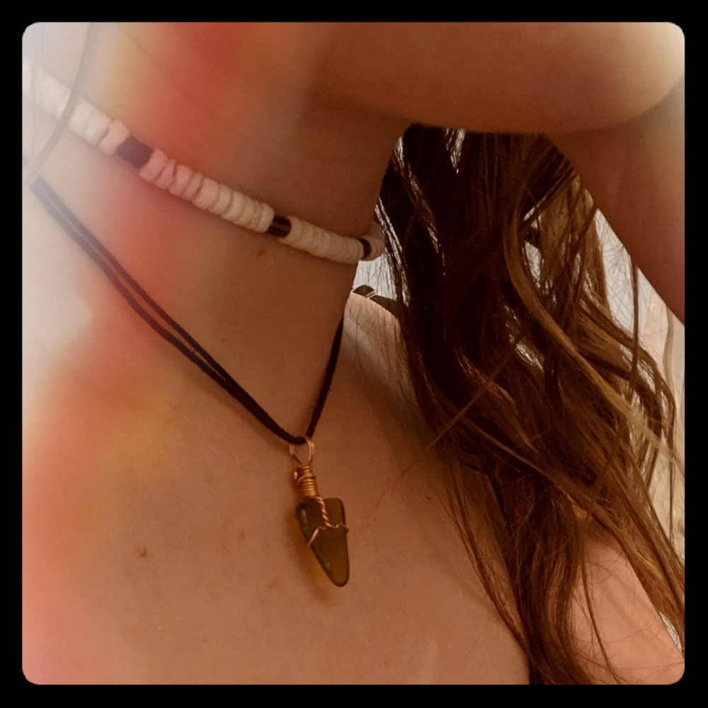 Puka shell choker and green crystal necklace